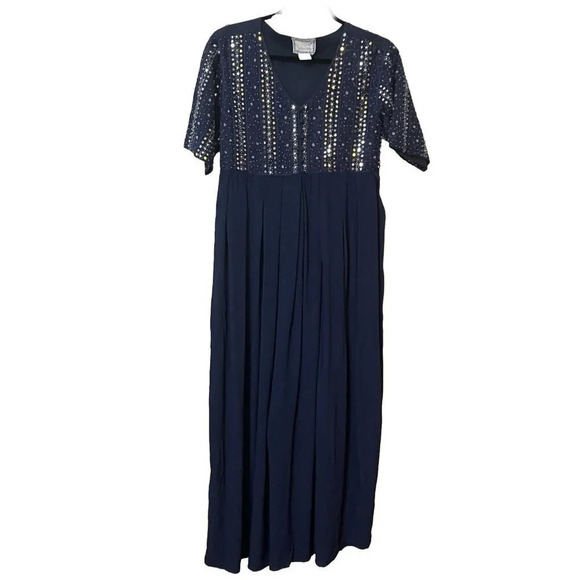Vintage April Cornell Maxi Dress Womens M Navy Blue Mirror Beaded Cotton Rayon - Picture 1 of 6